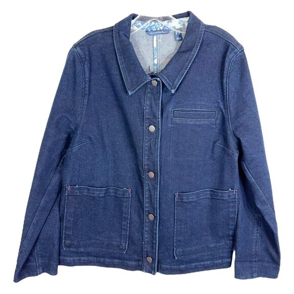 Isaac Mizrahi Medium Denim Jacket Navy Blue Hot Pink Accents Button Down 302 - Picture 8 of 8